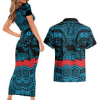ANZAC Day Cronulla Sutherland Sharks Couples Matching Short Sleeve Bodycon Dress and Hawaiian Shirt Military Memorial Aboriginal Indigenous Art