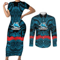 ANZAC Day Cronulla Sutherland Sharks Couples Matching Short Sleeve Bodycon Dress and Long Sleeve Button Shirt Military Memorial Aboriginal Indigenous Art