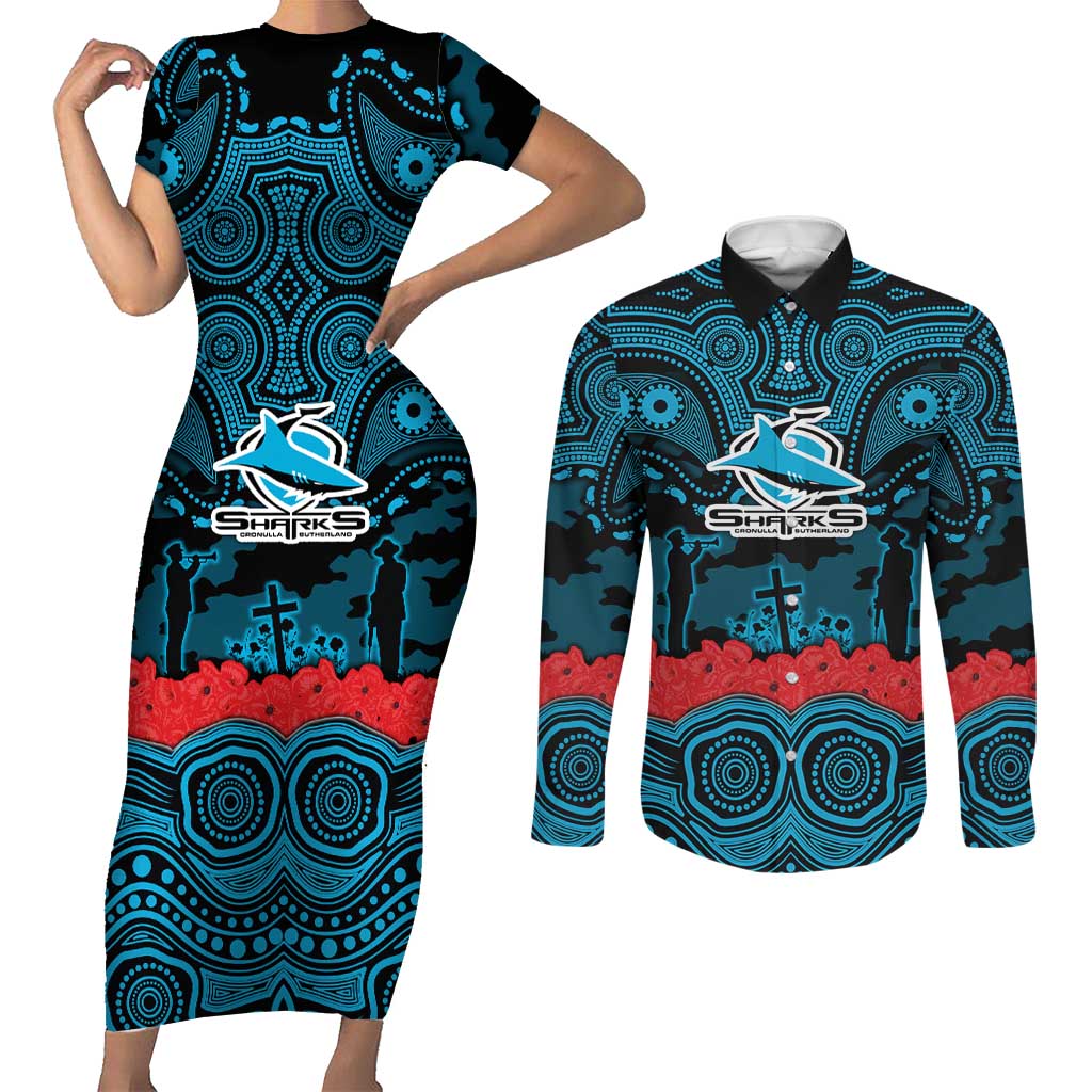 ANZAC Day Cronulla Sutherland Sharks Couples Matching Short Sleeve Bodycon Dress and Long Sleeve Button Shirt Military Memorial Aboriginal Indigenous Art