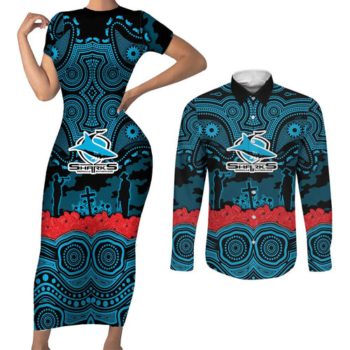ANZAC Day Cronulla Sutherland Sharks Couples Matching Short Sleeve Bodycon Dress and Long Sleeve Button Shirt Military Memorial Aboriginal Indigenous Art
