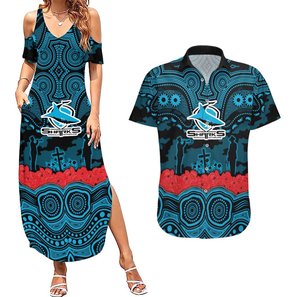 ANZAC Day Cronulla Sutherland Sharks Couples Matching Summer Maxi Dress and Hawaiian Shirt Military Memorial Aboriginal Indigenous Art