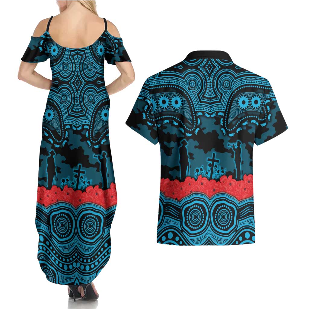 ANZAC Day Cronulla Sutherland Sharks Couples Matching Summer Maxi Dress and Hawaiian Shirt Military Memorial Aboriginal Indigenous Art