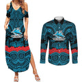 ANZAC Day Cronulla Sutherland Sharks Couples Matching Summer Maxi Dress and Long Sleeve Button Shirt Military Memorial Aboriginal Indigenous Art