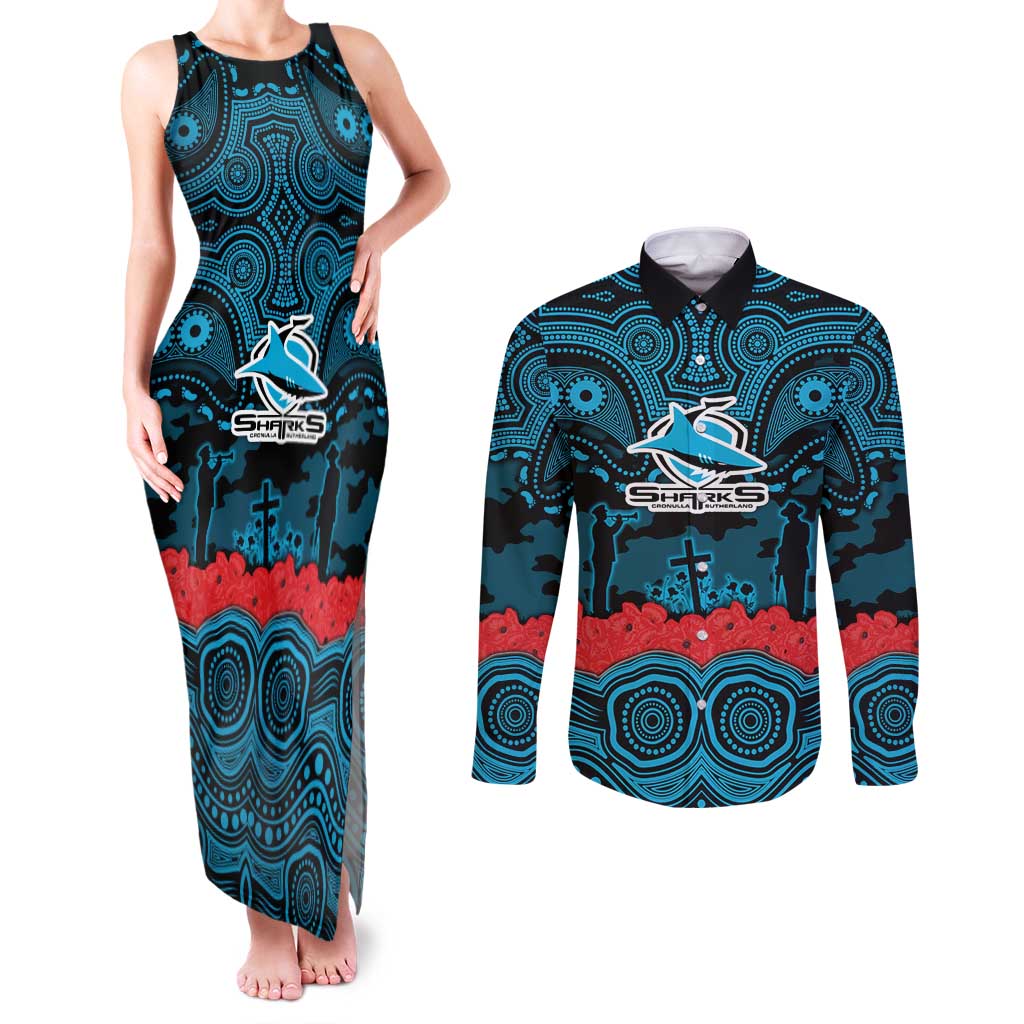ANZAC Day Cronulla Sutherland Sharks Couples Matching Tank Maxi Dress and Long Sleeve Button Shirt Military Memorial Aboriginal Indigenous Art