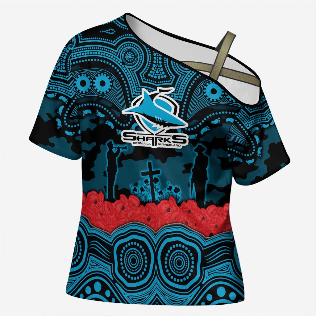 ANZAC Day Cronulla Sutherland Sharks Cross Shoulder Shirt Military Memorial Aboriginal Indigenous Art