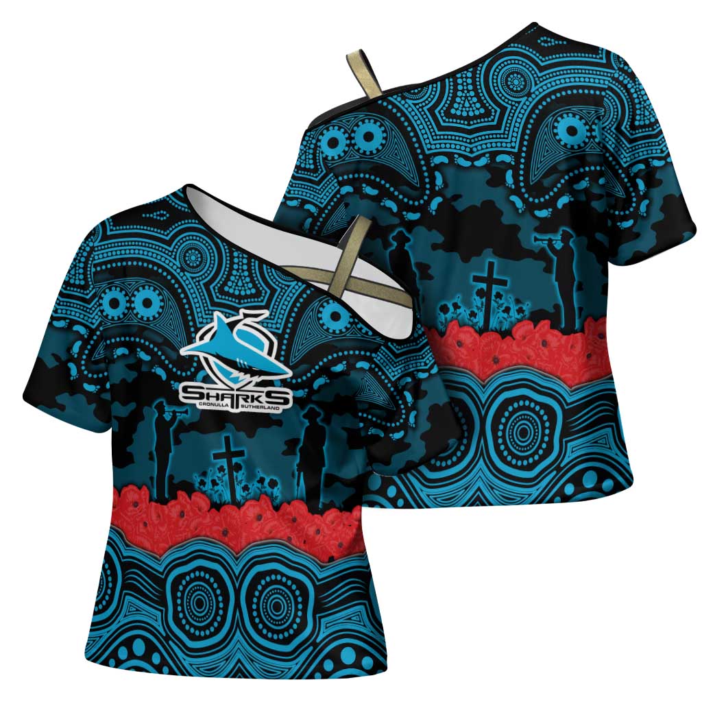 ANZAC Day Cronulla Sutherland Sharks Cross Shoulder Shirt Military Memorial Aboriginal Indigenous Art