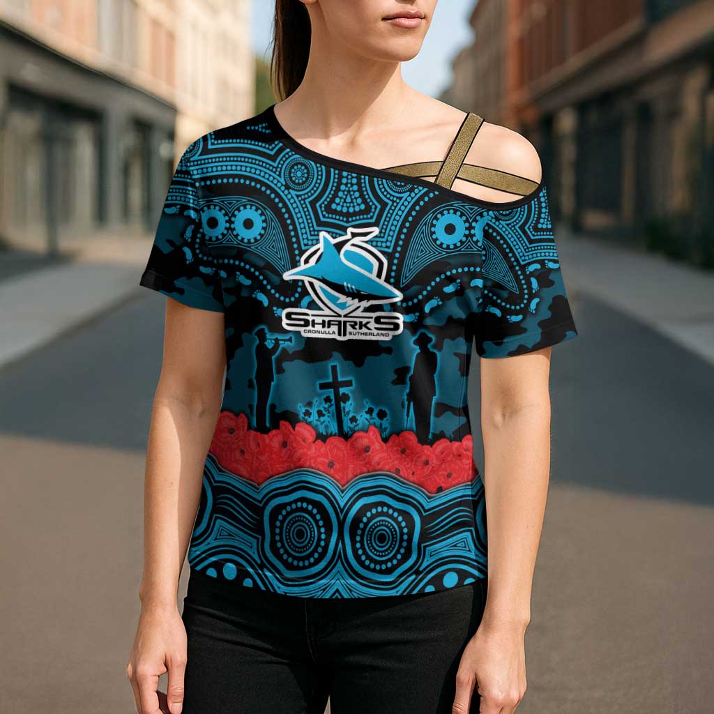 ANZAC Day Cronulla Sutherland Sharks Cross Shoulder Shirt Military Memorial Aboriginal Indigenous Art