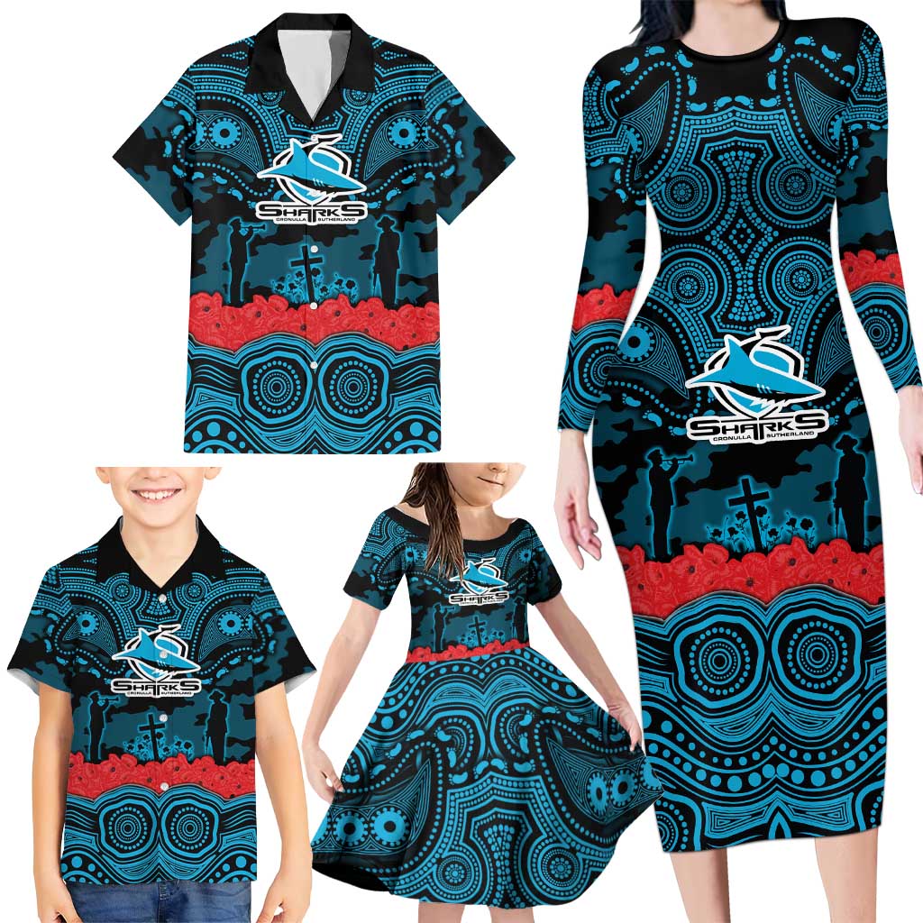 ANZAC Day Cronulla Sutherland Sharks Family Matching Long Sleeve Bodycon Dress and Hawaiian Shirt Military Memorial Aboriginal Indigenous Art