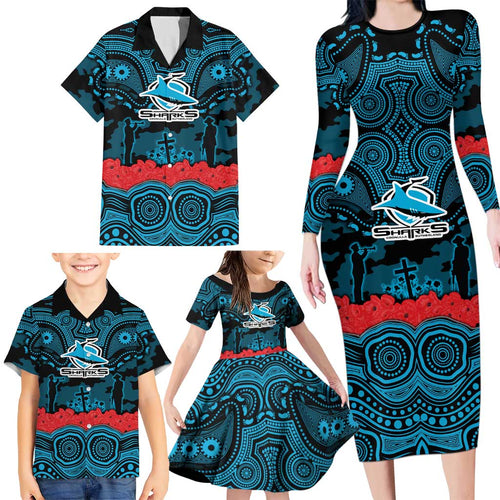 ANZAC Day Cronulla Sutherland Sharks Family Matching Long Sleeve Bodycon Dress and Hawaiian Shirt Military Memorial Aboriginal Indigenous Art