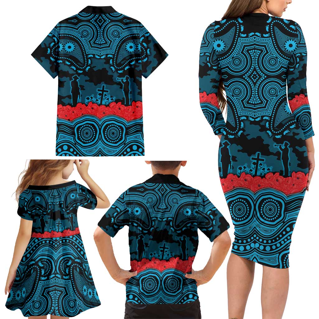ANZAC Day Cronulla Sutherland Sharks Family Matching Long Sleeve Bodycon Dress and Hawaiian Shirt Military Memorial Aboriginal Indigenous Art