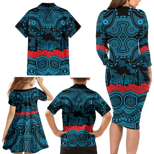 ANZAC Day Cronulla Sutherland Sharks Family Matching Long Sleeve Bodycon Dress and Hawaiian Shirt Military Memorial Aboriginal Indigenous Art