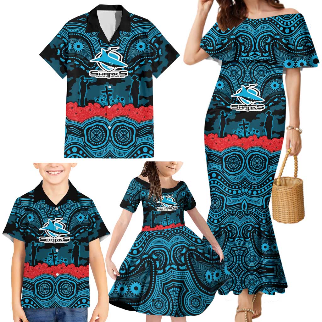 ANZAC Day Cronulla Sutherland Sharks Family Matching Mermaid Dress and Hawaiian Shirt Military Memorial Aboriginal Indigenous Art