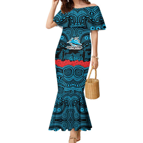 ANZAC Day Cronulla Sutherland Sharks Family Matching Mermaid Dress and Hawaiian Shirt Military Memorial Aboriginal Indigenous Art