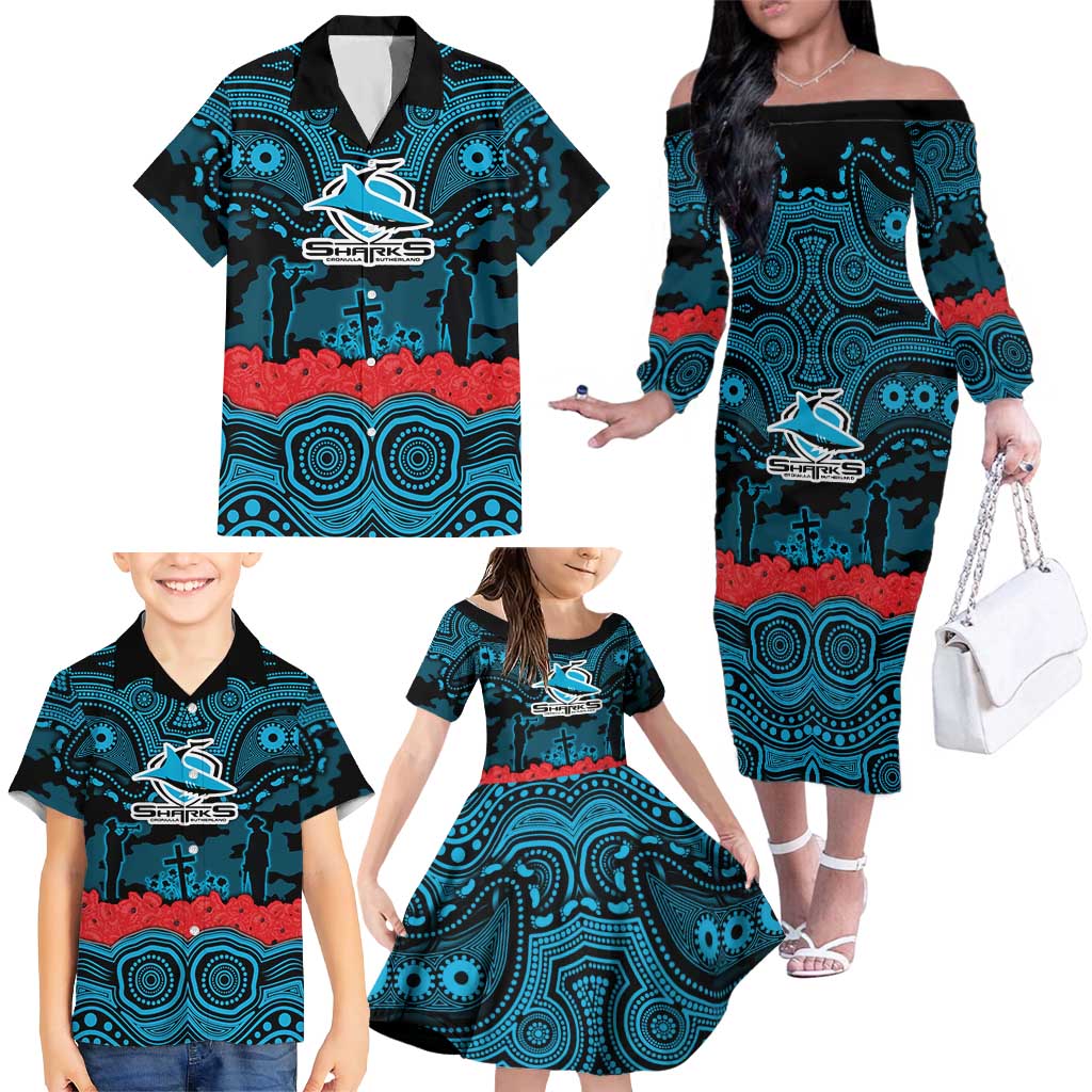 ANZAC Day Cronulla Sutherland Sharks Family Matching Off The Shoulder Long Sleeve Dress and Hawaiian Shirt Military Memorial Aboriginal Indigenous Art