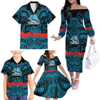 ANZAC Day Cronulla Sutherland Sharks Family Matching Off The Shoulder Long Sleeve Dress and Hawaiian Shirt Military Memorial Aboriginal Indigenous Art