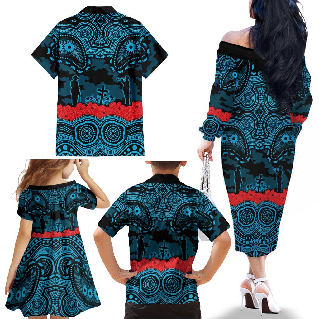 ANZAC Day Cronulla Sutherland Sharks Family Matching Off The Shoulder Long Sleeve Dress and Hawaiian Shirt Military Memorial Aboriginal Indigenous Art