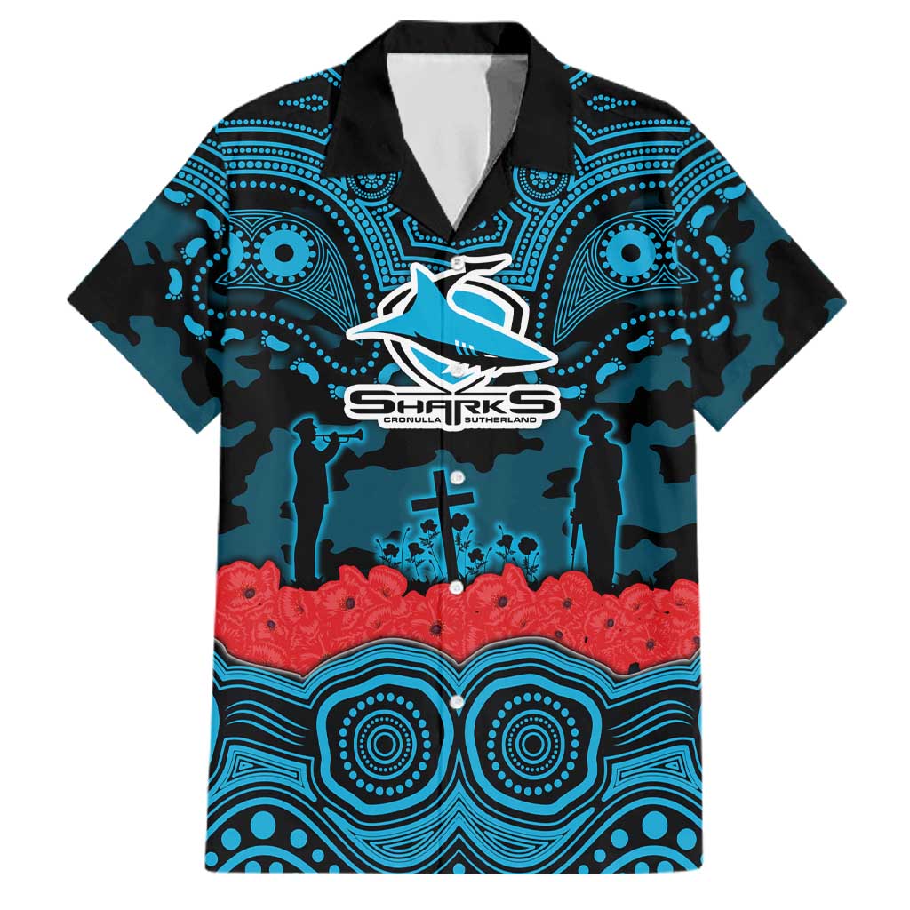 ANZAC Day Cronulla Sutherland Sharks Family Matching Off The Shoulder Long Sleeve Dress and Hawaiian Shirt Military Memorial Aboriginal Indigenous Art