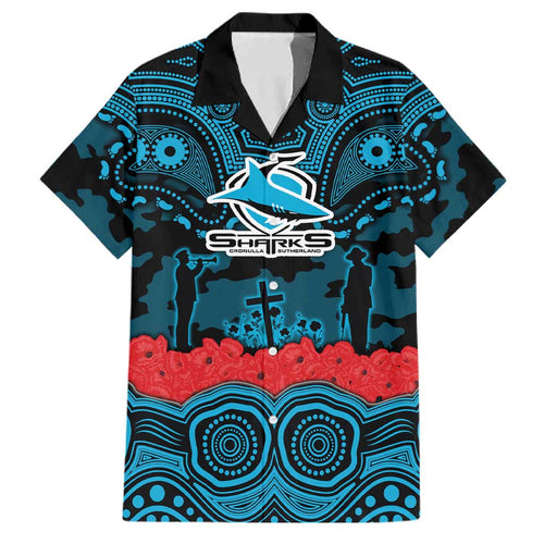 ANZAC Day Cronulla Sutherland Sharks Family Matching Off The Shoulder Long Sleeve Dress and Hawaiian Shirt Military Memorial Aboriginal Indigenous Art