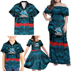 ANZAC Day Cronulla Sutherland Sharks Family Matching Off Shoulder Maxi Dress and Hawaiian Shirt Military Memorial Aboriginal Indigenous Art