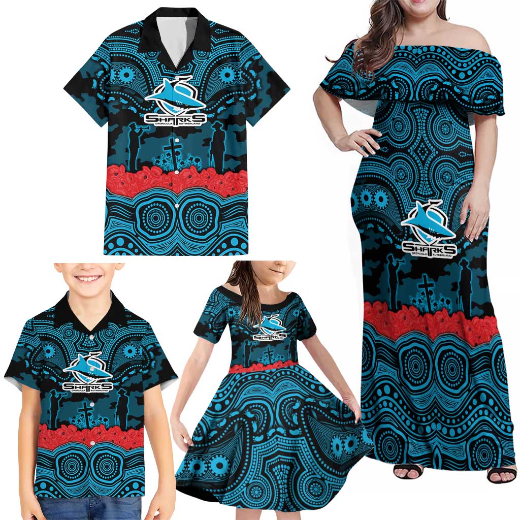 ANZAC Day Cronulla Sutherland Sharks Family Matching Off Shoulder Maxi Dress and Hawaiian Shirt Military Memorial Aboriginal Indigenous Art