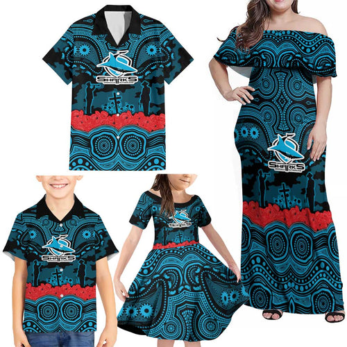 ANZAC Day Cronulla Sutherland Sharks Family Matching Off Shoulder Maxi Dress and Hawaiian Shirt Military Memorial Aboriginal Indigenous Art