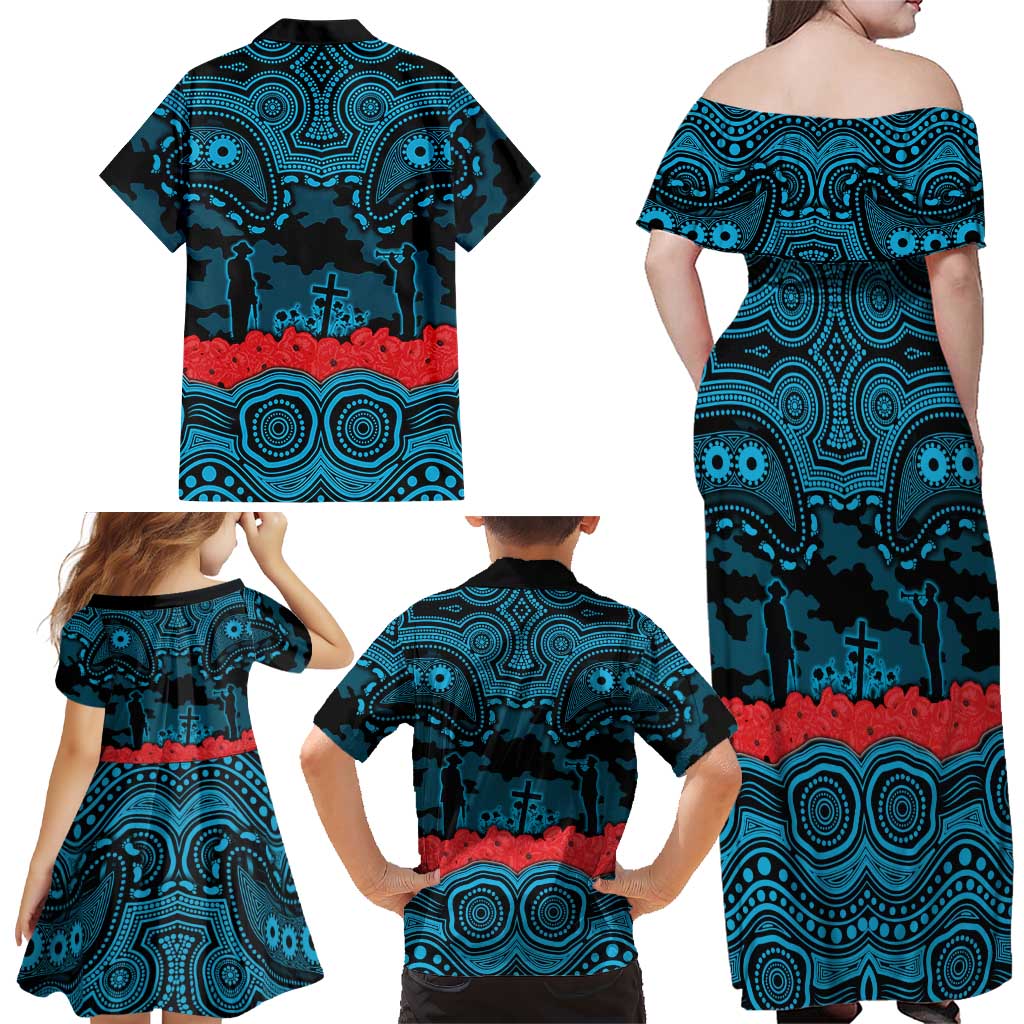 ANZAC Day Cronulla Sutherland Sharks Family Matching Off Shoulder Maxi Dress and Hawaiian Shirt Military Memorial Aboriginal Indigenous Art