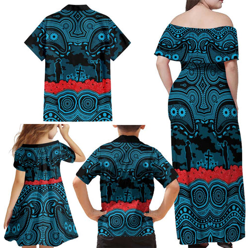 ANZAC Day Cronulla Sutherland Sharks Family Matching Off Shoulder Maxi Dress and Hawaiian Shirt Military Memorial Aboriginal Indigenous Art