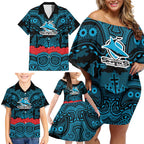 ANZAC Day Cronulla Sutherland Sharks Family Matching Off Shoulder Short Dress and Hawaiian Shirt Military Memorial Aboriginal Indigenous Art