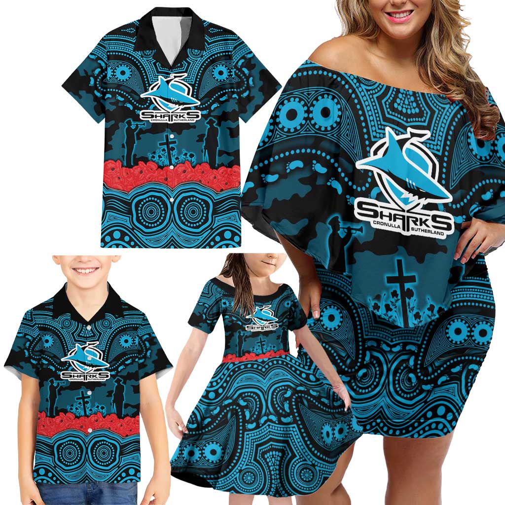 ANZAC Day Cronulla Sutherland Sharks Family Matching Off Shoulder Short Dress and Hawaiian Shirt Military Memorial Aboriginal Indigenous Art