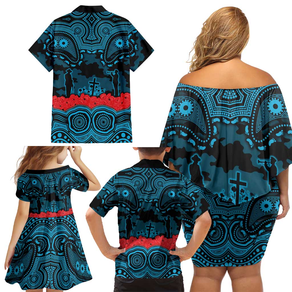 ANZAC Day Cronulla Sutherland Sharks Family Matching Off Shoulder Short Dress and Hawaiian Shirt Military Memorial Aboriginal Indigenous Art