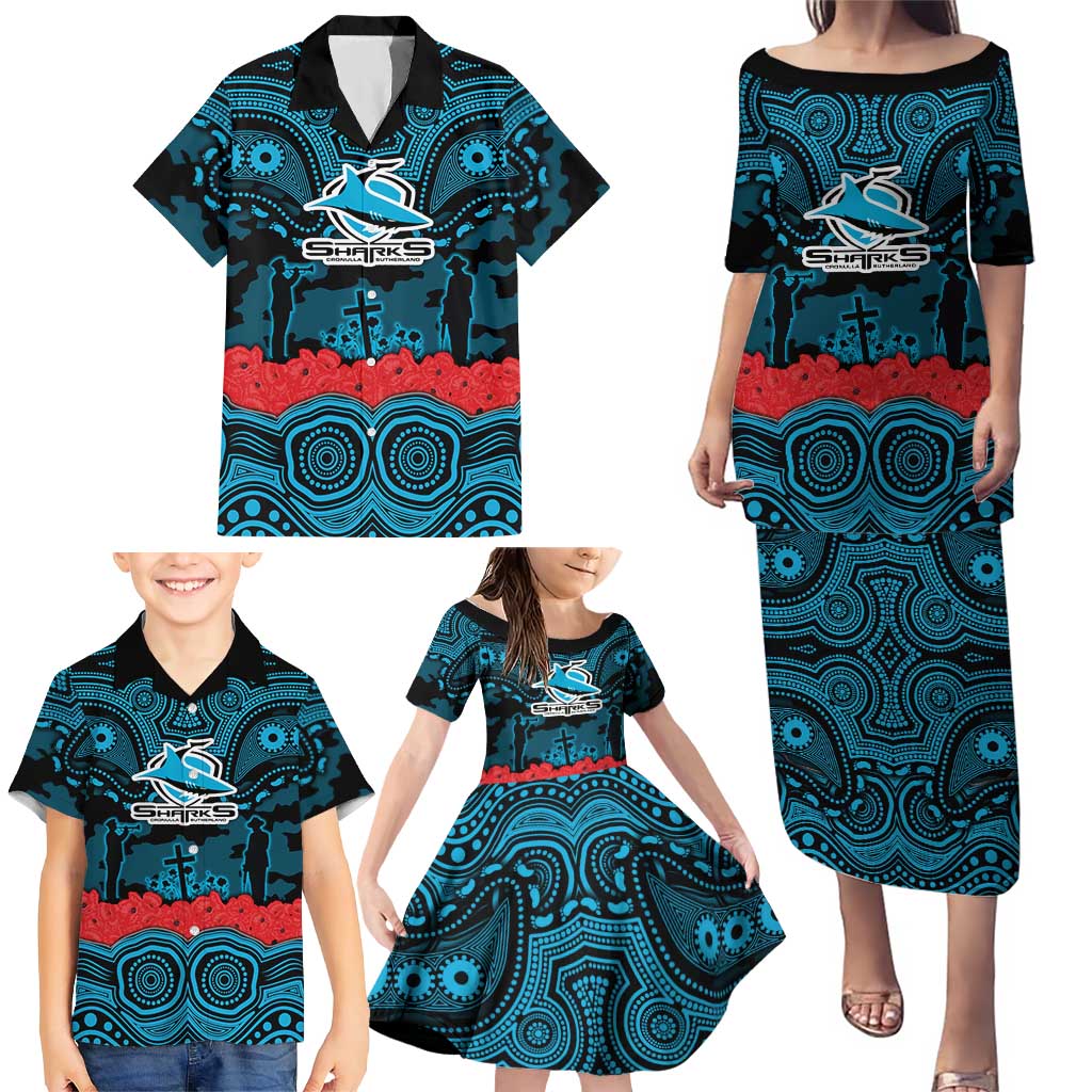 ANZAC Day Cronulla Sutherland Sharks Family Matching Puletasi and Hawaiian Shirt Military Memorial Aboriginal Indigenous Art