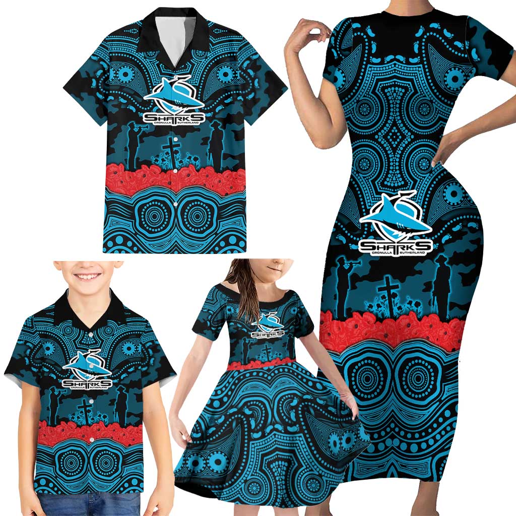 ANZAC Day Cronulla Sutherland Sharks Family Matching Short Sleeve Bodycon Dress and Hawaiian Shirt Military Memorial Aboriginal Indigenous Art