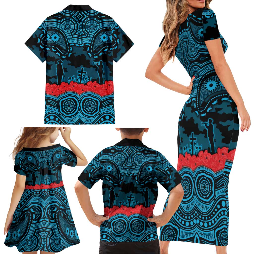 ANZAC Day Cronulla Sutherland Sharks Family Matching Short Sleeve Bodycon Dress and Hawaiian Shirt Military Memorial Aboriginal Indigenous Art