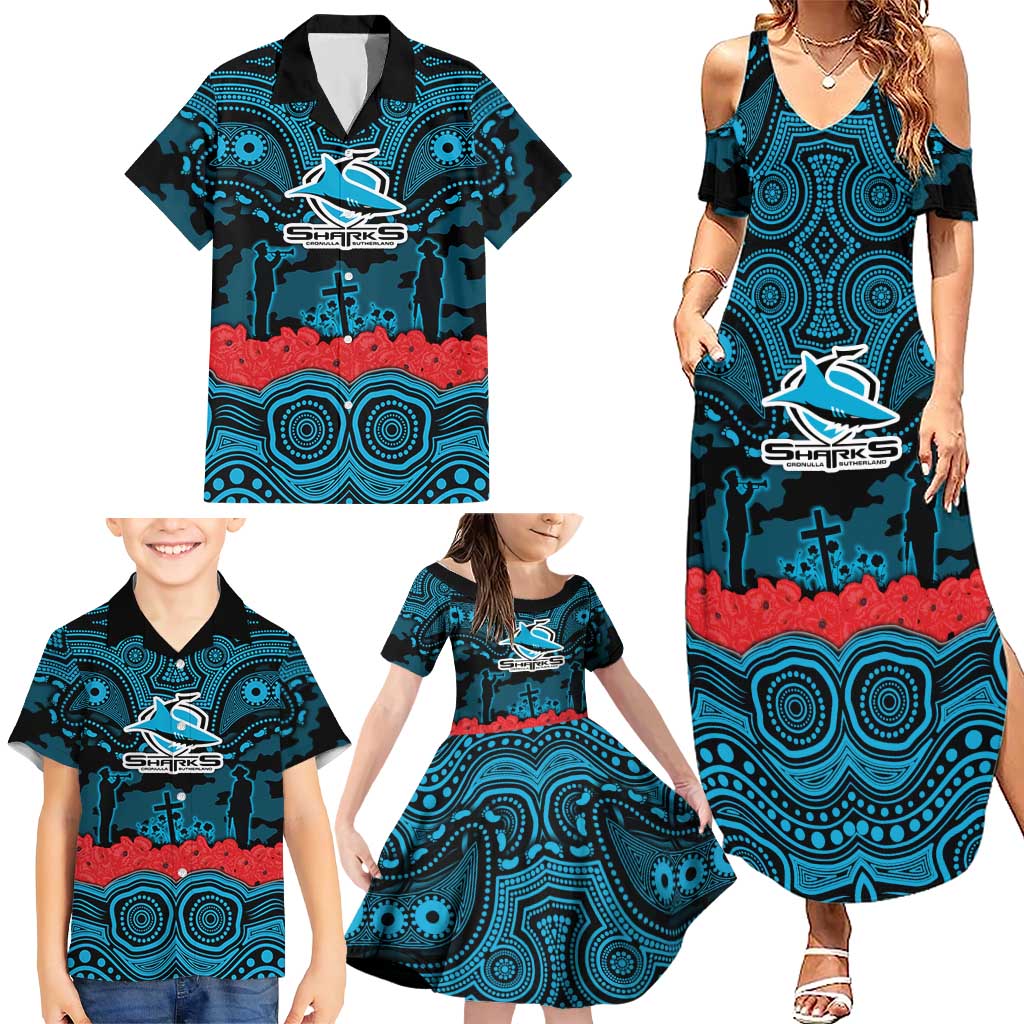 ANZAC Day Cronulla Sutherland Sharks Family Matching Summer Maxi Dress and Hawaiian Shirt Military Memorial Aboriginal Indigenous Art