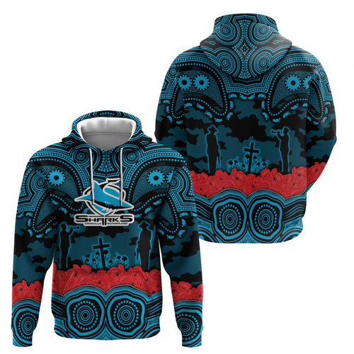 ANZAC Day Cronulla Sutherland Sharks Hoodie Military Memorial Aboriginal Indigenous Art