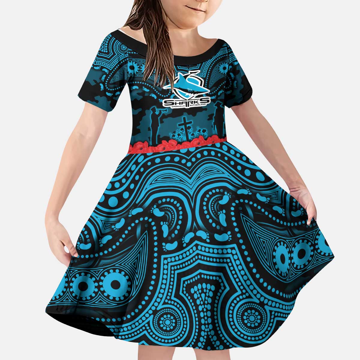 ANZAC Day Cronulla Sutherland Sharks Kid Short Sleeve Dress Military Memorial Aboriginal Indigenous Art