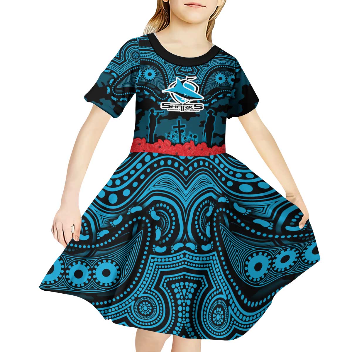 ANZAC Day Cronulla Sutherland Sharks Kid Short Sleeve Dress Military Memorial Aboriginal Indigenous Art