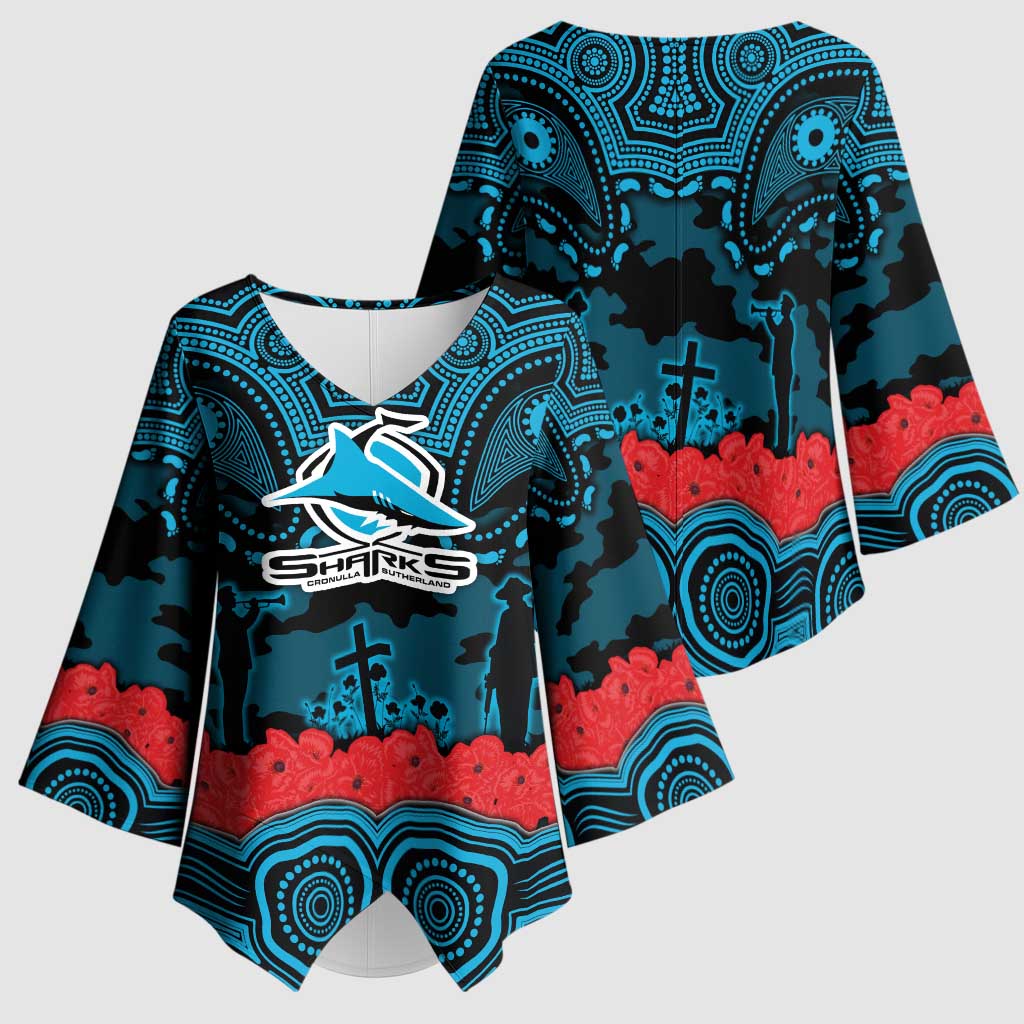 ANZAC Day Cronulla Sutherland Sharks Kimono Sleeve Blouse Military Memorial Aboriginal Indigenous Art