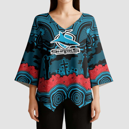 ANZAC Day Cronulla Sutherland Sharks Kimono Sleeve Blouse Military Memorial Aboriginal Indigenous Art