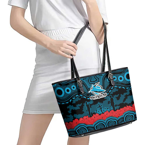 ANZAC Day Cronulla Sutherland Sharks Leather Tote Bag Military Memorial Aboriginal Indigenous Art