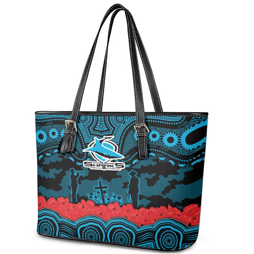 ANZAC Day Cronulla Sutherland Sharks Leather Tote Bag Military Memorial Aboriginal Indigenous Art