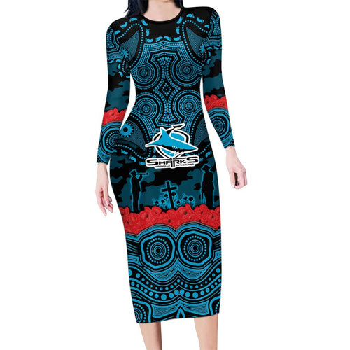 ANZAC Day Cronulla Sutherland Sharks Long Sleeve Bodycon Dress Military Memorial Aboriginal Indigenous Art