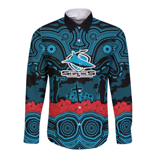 ANZAC Day Cronulla Sutherland Sharks Long Sleeve Button Shirt Military Memorial Aboriginal Indigenous Art
