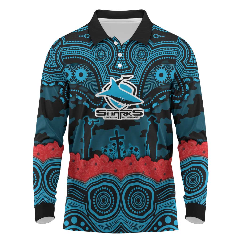 ANZAC Day Cronulla Sutherland Sharks Long Sleeve Polo Shirt Military Memorial Aboriginal Indigenous Art