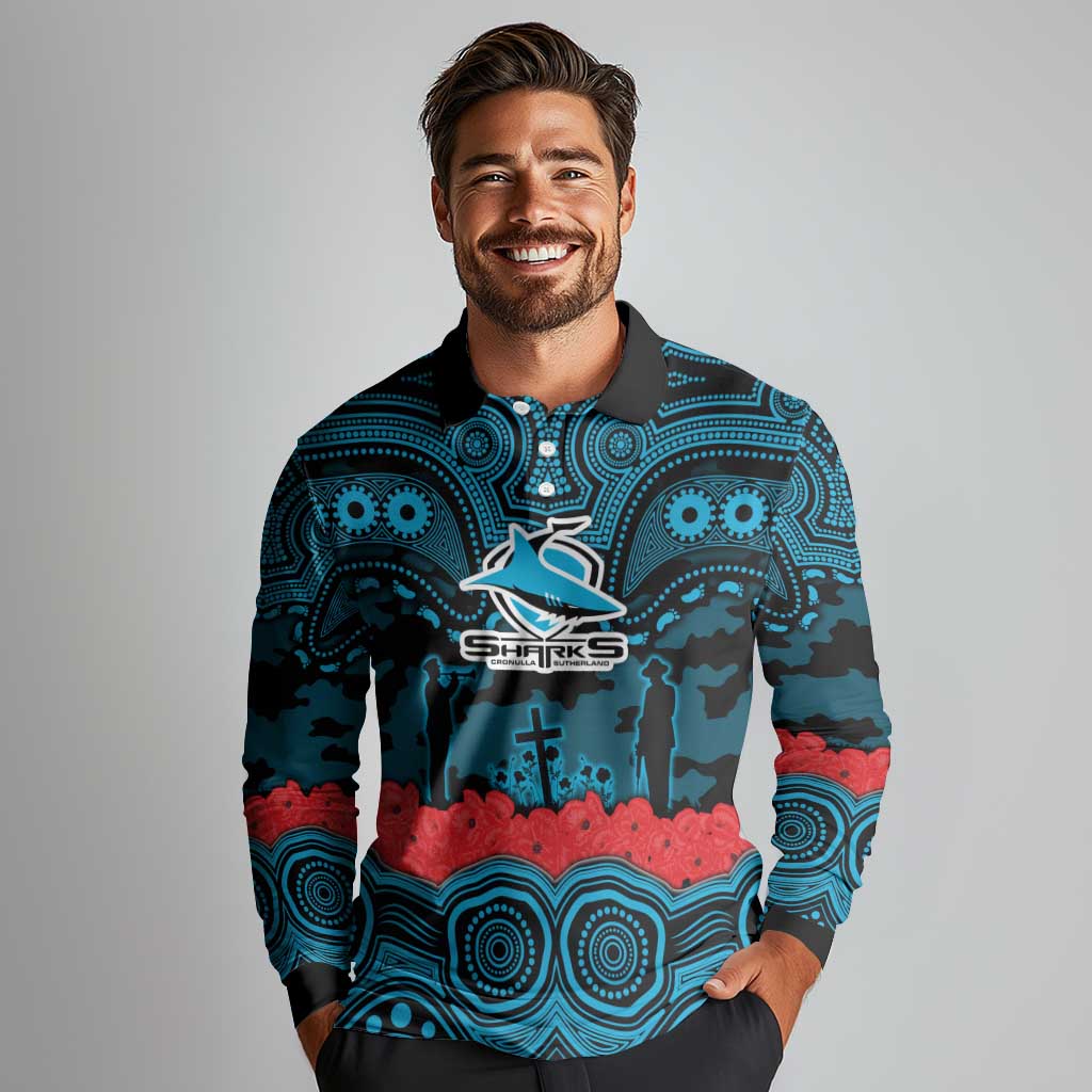 ANZAC Day Cronulla Sutherland Sharks Long Sleeve Polo Shirt Military Memorial Aboriginal Indigenous Art