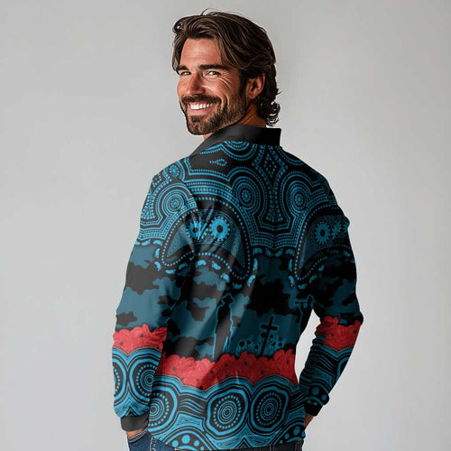 ANZAC Day Cronulla Sutherland Sharks Long Sleeve Polo Shirt Military Memorial Aboriginal Indigenous Art