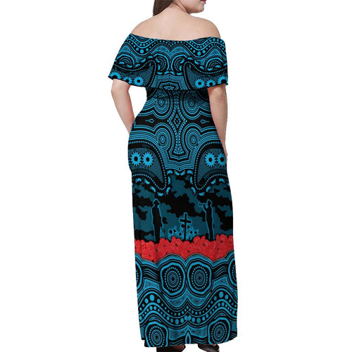 ANZAC Day Cronulla Sutherland Sharks Off Shoulder Maxi Dress Military Memorial Aboriginal Indigenous Art