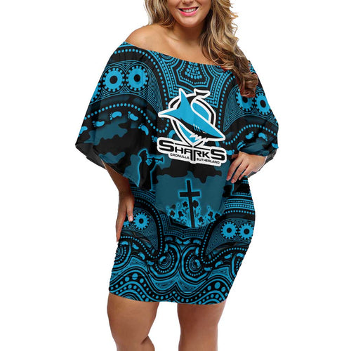 ANZAC Day Cronulla Sutherland Sharks Off Shoulder Short Dress Military Memorial Aboriginal Indigenous Art