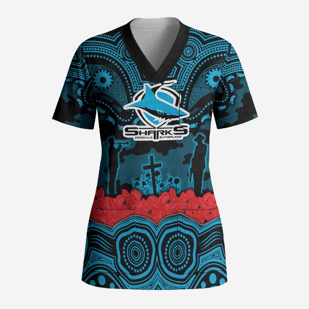 ANZAC Day Cronulla Sutherland Sharks Scrub Top Military Memorial Aboriginal Indigenous Art