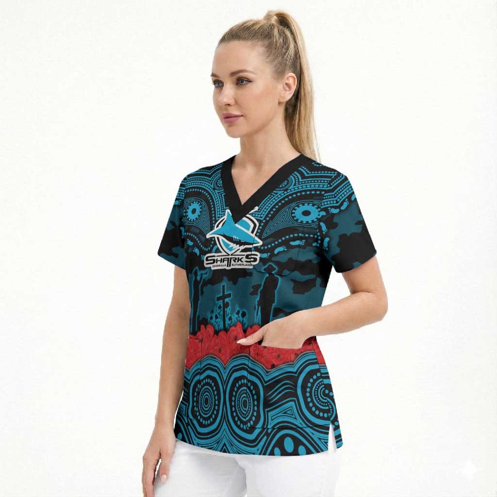 ANZAC Day Cronulla Sutherland Sharks Scrub Top Military Memorial Aboriginal Indigenous Art